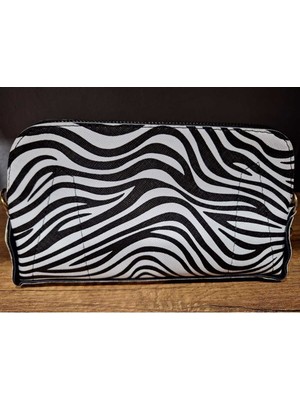 Renkli İlmekler Kadın Siyah Beyaz Zebra Desenli El Askılı Portföy Clutch