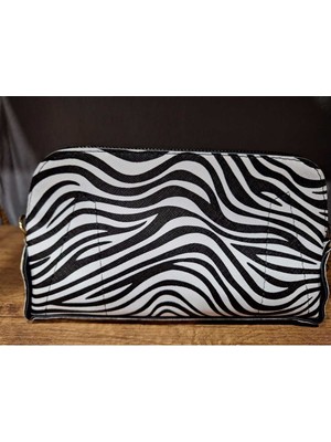 Renkli İlmekler Kadın Siyah Beyaz Zebra Desenli El Askılı Portföy Clutch