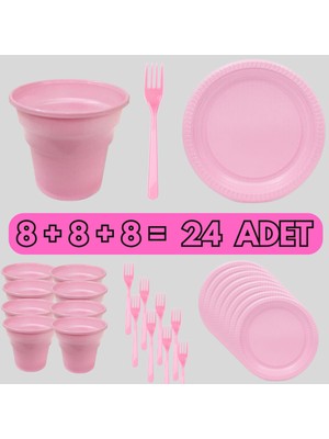 Parti Baskı Pembe Plastik - Bardak , Tabak , Çatal ( 8 + 8 + 8 Adet )