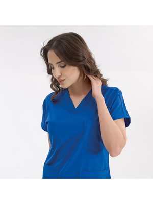 Çizgi Medikal Saks Mavisi Likralı Üniforma Takımlar Yüksek Kaliteli Likralı Scrubs
