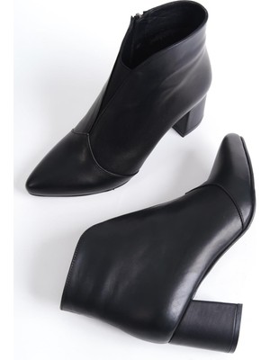 Modabuymus Lavi Siyah Hakiki Deri Kalın Topuklu Günlük Bot