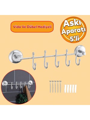 Badem10 Vidalı Askılık 5'li Metal Banyo Lavabo Sağlam Aparat Krom Askılık Elbise Havlu Asma Askı