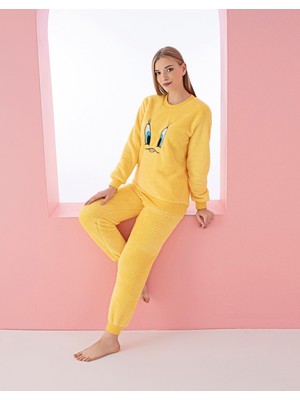 Farya Home Civciv Desenli Anne Kız Çocuk Kombin Peluş Pijama Takımı (Anne Kız Ayrı Satılır.)