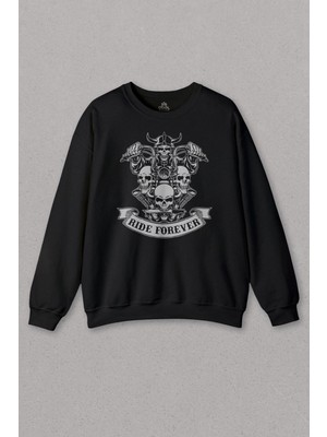 So Cool Unisex Sweatshirt Motorcycle Skull Ride Forever Motosiklet Baskılı Sweat