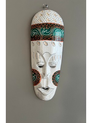 Miamantra Eskitme Beyaz Yeşil Boyalı Ahşap Totem Maske Duvar Dekoru -30 cm