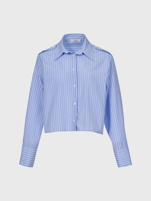 Markapia Çizgi Desen Apolet Detaylı Crop Mavi Gömlek