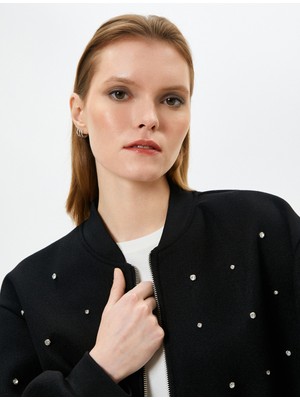 Koton Bomber Jacket Parlak Taş Işlemeli Fermuarlı Ribanalı