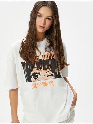 Koton Anime Tişört Arkası ve Önü Baskılı Kısa Kollu Bisiklet Yaka Rahat Kalıp Pamuklu