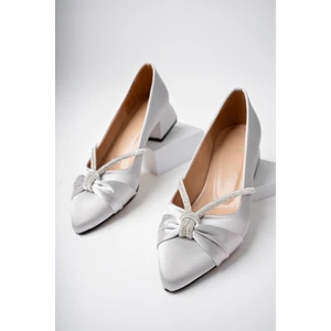 Gümüş Kadın Düğümlü Taşlı Büyük Numara Kısa Klasik Topuklu Ayakkabı - Gümüş - 36