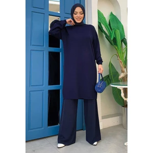Bym Fashion Kol Manşetleri Lastikli Yarım Boğazlı Triko Tunik 22215 Lacivert