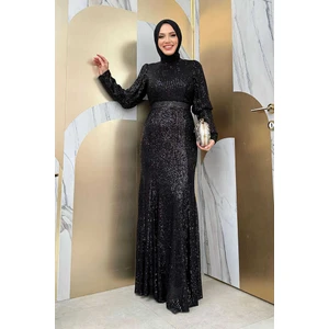 Bym Fashion Kemer Aksesuarlı Pul Payet Balık Abiye Elbise 3858 Siyah