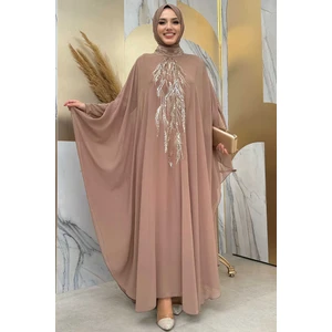 Bym Fashion Pul Payet Işlemeli Şifon Pelerinli Elbiseli Abiye Takım 3774 Vizon