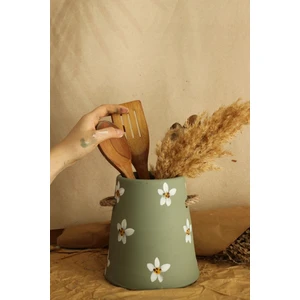 El Yapımı Hasır Kulplu Retro Yeşil Desenli Kaşıklık & Vazo