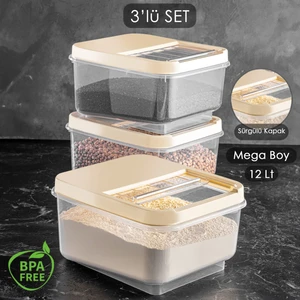 Meleni Home 3 Adet 12 Lt Mega Boy Çok Amaçlı Saklama Kutusu - Kayar Kapaklı Erzak Saklama Kabı Un Kabı Krem
