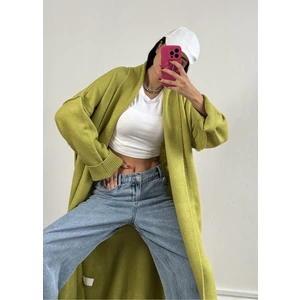 Yağ Yeşili Pis Dikiş Detaylı Uzun Oversize Yumoş Triko Hırka 26257