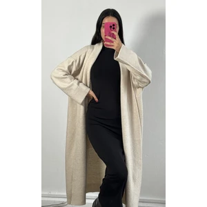 Ekru Pis Dikiş Detaylı Uzun Oversize Yumoş Triko Hırka 26257