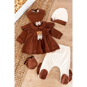 Ayıcık Figürlü Fiyonklu  Pamuklu 5 Parça Kız Bebek Hastane Çıkışı Bebek Takımı