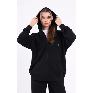 Siyah Kanguru Cepli Kapüşonlu Fermuarlı Oversize Kadın Sweatshirt
