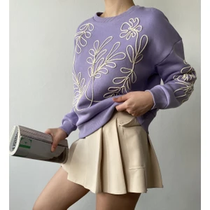 Lila Nakışlı Kısa Sweatshirt 26071