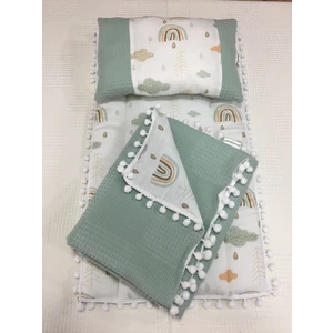 Buse Baby Home Yeşil , Müslin ve Ponponlu Alt Açma , Yastık ve Battaniye 3'lü Set