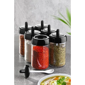 6 Adet Kapağı Kendinden Kaşıklı Baharatlık Seti 300 ml Baharat Takımı Cam