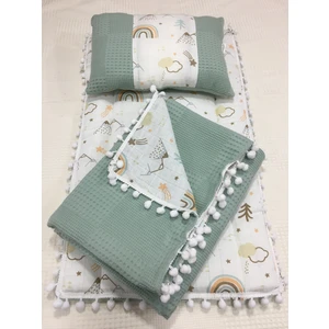Buse Baby Home Yeşil , Müslin ve Ponponlu Alt Açma , Yastık ve Battaniye 3'lü Set