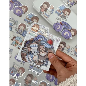 Kağıt Gemi Dükkan Sevimli Kız ve Sevimli Dostları Büyük Boy 27 Adet Şeffaf Mavi Paket Pet Sticker Çıkartma