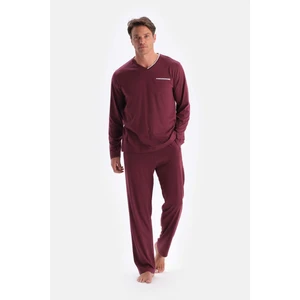 Bordo V Yaka Uzun Kollu Pamuk Modal Pijama Takımı