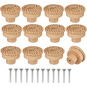 Boho Rattan Dresser Kolları Yuvarlak Ahşap Çekmece Kolları El Yapımı Hasır Dokuma ve Boho Mobilya Kolları Için Vidalar 24 Adet (Yurt Dışından)