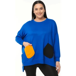 Kadın Büyük Beden Renkli Cepli Ekstra Rahat Kalıp Mavi Sweatshirt