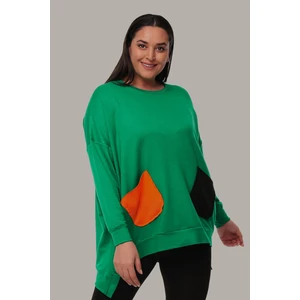 Kadın Büyük Beden Renkli Cepli Ekstra Rahat Kalıp Yeşil Sweatshirt
