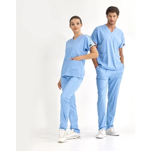 Çizgi Medikal Açık Mavi Lüks Likralı Üniforma Takımlar Yüksek Kaliteli Likralı Scrubs