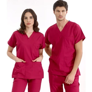 Çizgi Medikal Vişne Likralı Üniforma Takımlar Yüksek Kaliteli Likralı Scrubs