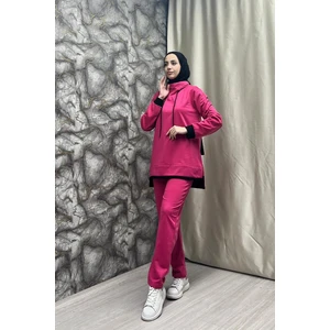 Burcu Tesettür Garnili Kapşonlu Eşofman Takımı BRC1603 Fuşya