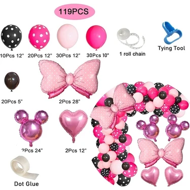 BALONLAR-119PCS Minnie Mouse Doğum Günü Partisi Dekorasyon Minnie Tek Kullanımlık Masa Örtüsü Sofra