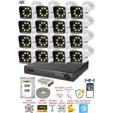 Fury 16 Kameralı 5mp Lens 1080P 2mp Color Görüntü 8 Warm LED Gece Görüş Fullhd Güvenlik Kamera