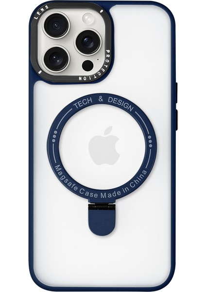 iPhone 13 Pro Max Magsafe Kablosuz Şarj Standlı Kamera Korumalı Lacivert Çerçeveli Renkli Kılıf