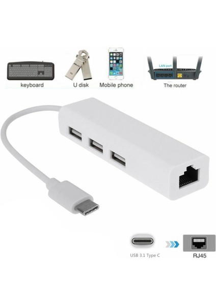 Usb-C USB 3.1 Tip C'den USB RJ45 Ethernet Lan Adaptörü Hub Kablosuna (Yurt Dışından)