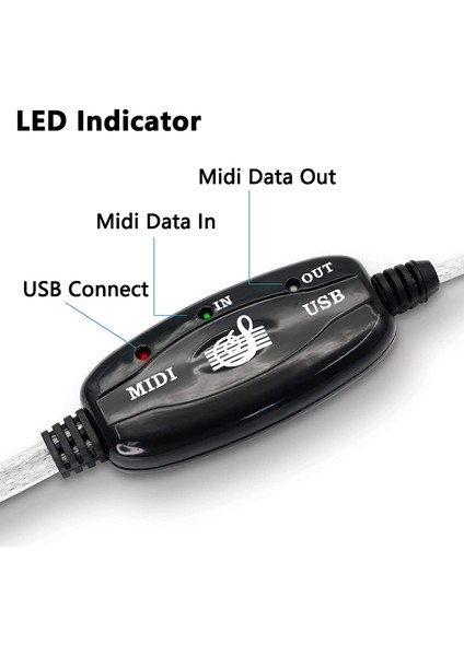 USB Mıdı Kablo Adaptörü, Klavye Için Led'li A Erkekten Mıdı Din'e (Yurt Dışından)