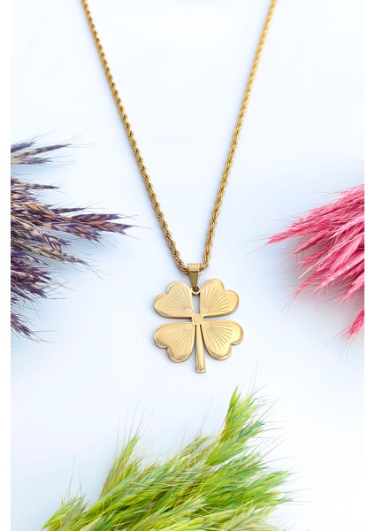 Gold Paslanmaz Çelik Burma Zincirli Yonca Model Kadın Kolye modelleri