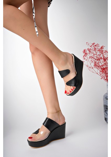 Siyah Kadın Yan Şeffaf Günlük Abiyelik Dolgu Topuklu Terlik - Siyah - 38 fiyatları