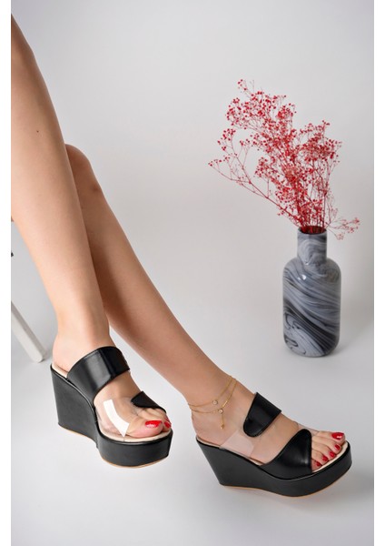 Siyah Kadın Yan Şeffaf Günlük Abiyelik Dolgu Topuklu Terlik - Siyah - 38 modelleri