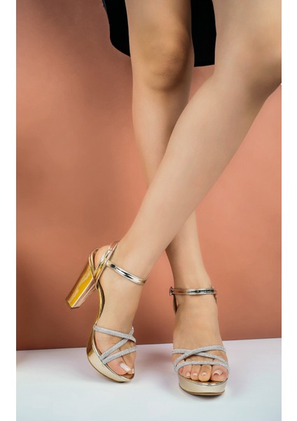 Altın Kadın Üç Çapraz Taşlı Abiye Platform Topuklu Ayakkabı - Altın Dore - 35 fiyatları