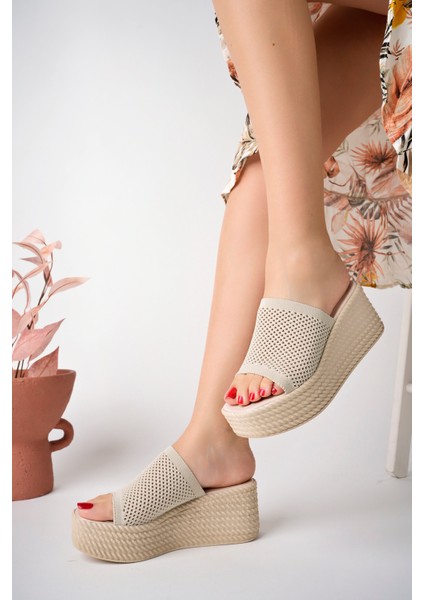 Ten Kadın Delikli Triko Günlük Hasır Dolgu Topuklu Terlik - Ten - 39 fiyatları