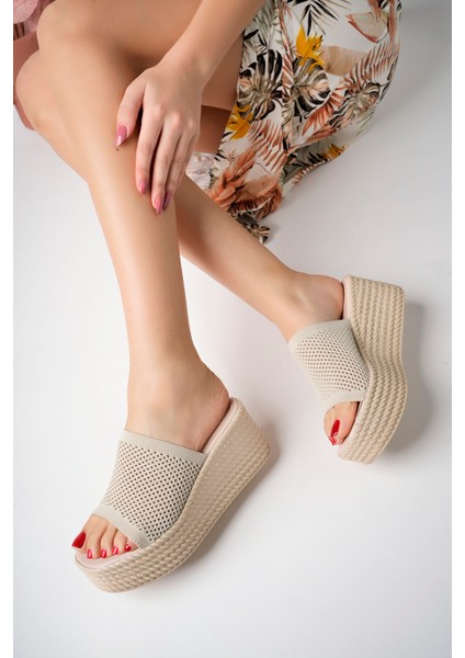 Ten Kadın Delikli Triko Günlük Hasır Dolgu Topuklu Terlik - Ten - 39 modelleri