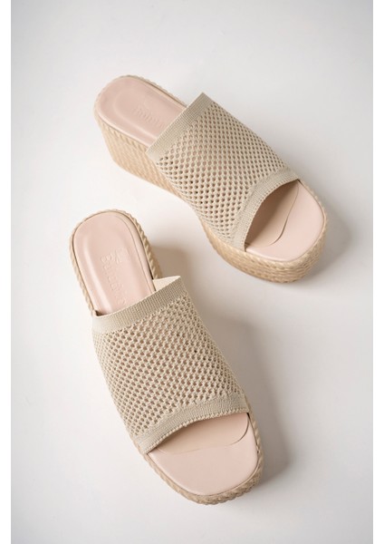 Ten Kadın Delikli Triko Günlük Hasır Dolgu Topuklu Terlik - Ten - 39 indirimleri