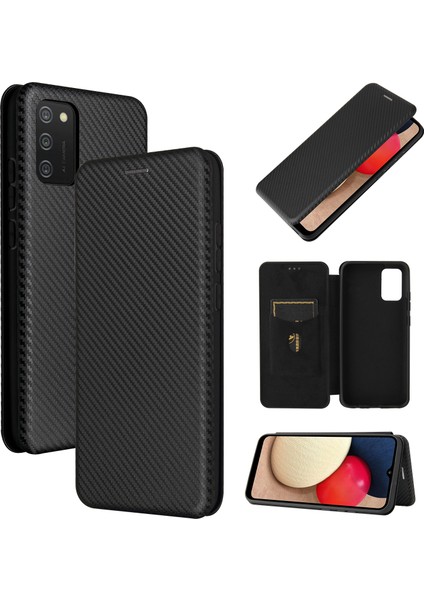Karbon Fiber Doku Deri Kılıf Samsung Galaxy A02S (166.5X75.9X9.2MM) Için Otomatik Emici Stand Kapağı (Yurt Dışından)