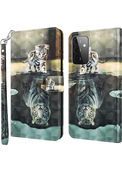 Samsung Galaxy A72 4g/5g-Cat ve Tiger Için Desen Baskı ile Cüzdan Tasarımı Pu Deri Telefon Kılıfı Kabuk (Yurt Dışından) fiyatları