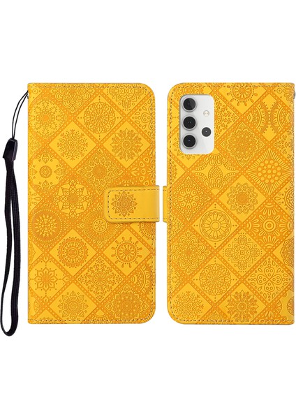 Samsung Galaxy A32 5G/M32 5g Mıknatıs Telek Strap-Sarı ile Baskılı Çiçek Cüzdan Deri Kılıf (Yurt Dışından)