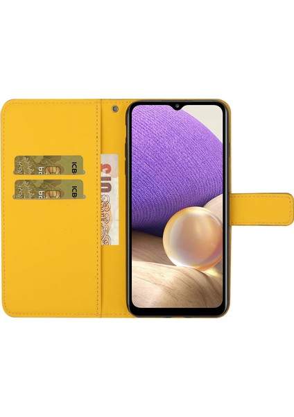 Samsung Galaxy A32 5G/M32 5g Mıknatıs Telek Strap-Sarı ile Baskılı Çiçek Cüzdan Deri Kılıf (Yurt Dışından)
